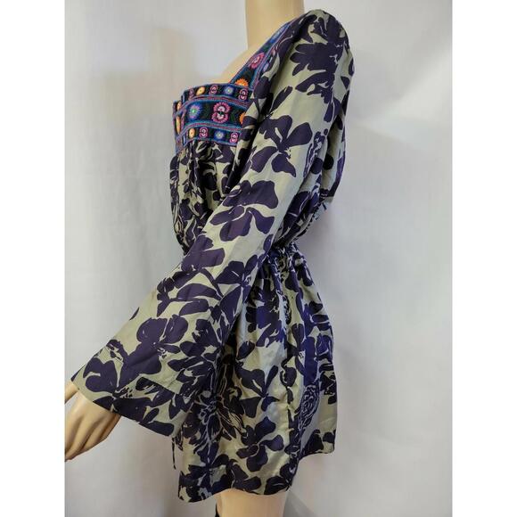 Johnny Was Square Neck Embroidered Floral Print Silk Dress Purple Sz M ?#C6 - Picture 8 of 9